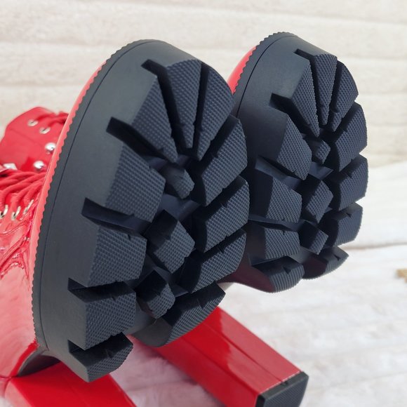 Bright Red Patent Lug Sole Studded Strap Ankle Boots Temptress - Picture 11 of 11